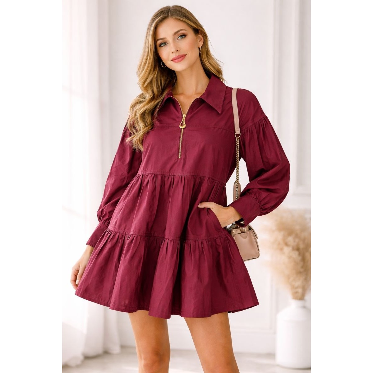 Aje Burgundy Tiered Poplin Mini Dress Size Au10/Us6 Gold Zip Balloon Sleeve